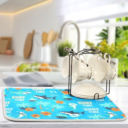 Shark Palm Trees Blue Dish Drying Mat for Kitchen Counter Super Absorbent Draining Mat with Non-slip Backed Sink Mats for Dish Bottles Cups Bowl Sinks Countertops Draining Racks
