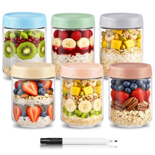 DRKIO 16 Oz Overnight Oats Containers with Lids - 6 Pack Glass Storage Jars with Airtight Lids Wide Mouth Mason Food Jars Great for Meal Prep Salad Chia Pudding Snacks Yogurt Sugar Spice Cereal - color: 16 Oz - 6 Colors