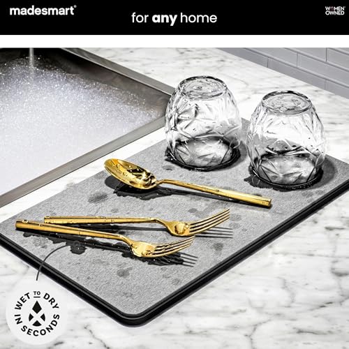 madesmart Drying Stone Dish Mat, Ultra-Fast Drying Mat for Dishes & Glassware, Diatomaceous Earth, Absorbs Water Instantly, Non Slip Base, Gray