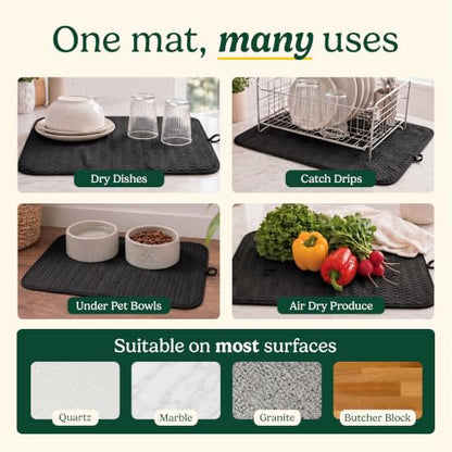 Cuisinart Dish Drying Mat for Kitchen Counter - 2-Pack XL 18x24 Ultra Absorbent Microfiber Dish Mat - Fast Drying, Machine Washable, Foldable Countertop Pad - Safe for Granite & Quartz - color: Geostripe Jet Black