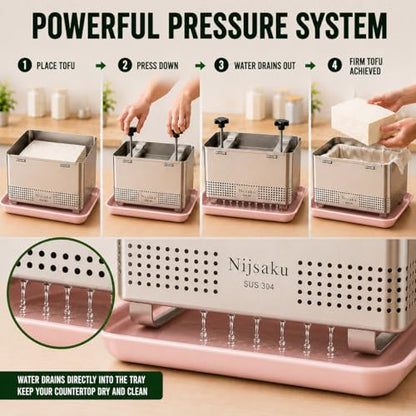 Tofu Press Stainless Steel, Paneer Maker & Cheese Press with Drip Tray and Cloth, Adjustable Tofu Maker for Extra Firm Tofu, Homemade Paneer & Vegan Cheese, BPA Free, Dishwasher Safe XL - size: 8.67 x 5.5 in