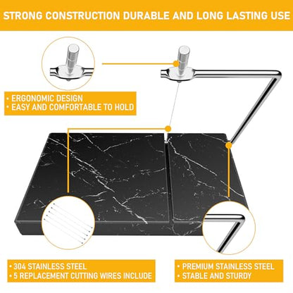 TOPULORS Marble Cheese Slicer with 5 Replacement Thick Cutting Wires, Black | Heavy-Duty 5"x8" Handheld Marble Board Cheese Slicer Cutter, Smoothly Cuts Block Cheese & Butter, Daily Kitchen Gadget - color: Black