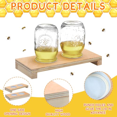 Rtteri 1 Pcs Bee Feeders for Hives with 2 Lids Wooden Honey Mason Jar Beehive Entrance Feeder for Beekeeping Bee Drinking Tools with Lids Drilled Feeding Sugar Syrup or Water (Jars Not Provided) - color: 2 Lids