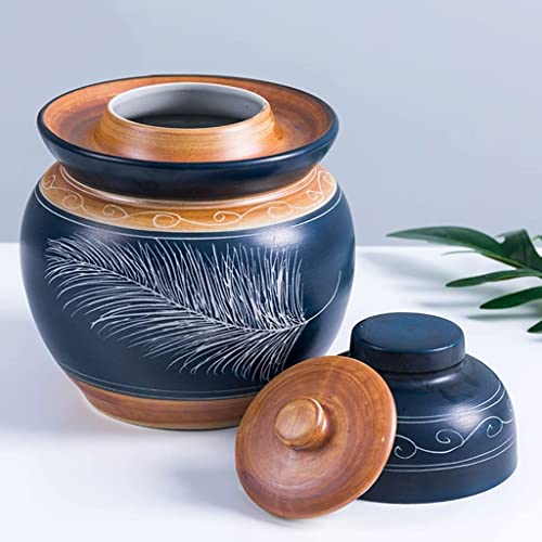 ZHOUXIAO Blue Pickle Jar Ceramic Jar with Lid,Traditional Chinese Fermentation Kit Crock with Water Seal Airlock Lid, Fermentation Jar for Kimchi,Sauerkraut,Kombucha Jar 1.75KG