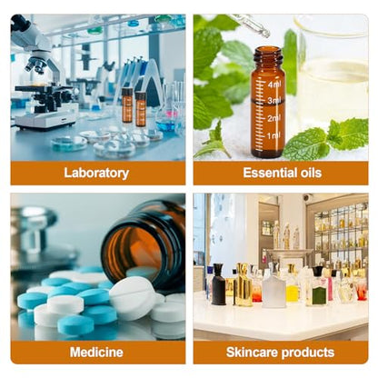 FOUR E'S SCIENTIFIC 100 Pack 4ml Glass Graduated Vials, 1 Dram Amber Small Sample Vials with Plastic Screw Caps Borosilicate Glass Sample Bottles for Liquid Powder Storage - color: Amber