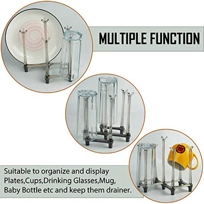 2 Pcs Cup Drying Racks Set, Retractable Drinking Glass & Baby Bottle Drainer Stand, PP Material Mug Draining Organizer, Kitchen Countertop Dishes Holder, Gray