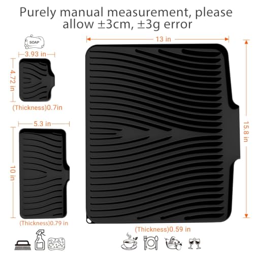 Silicone Dish Drying Mat for Kitchen counter, 15.8"x13" Extra Large Non-Slip Drain Pad with Built-in Drainage, Heat Resistant Dishwasher Safe, Black - color: Black-set, size: 15.8" x 13"