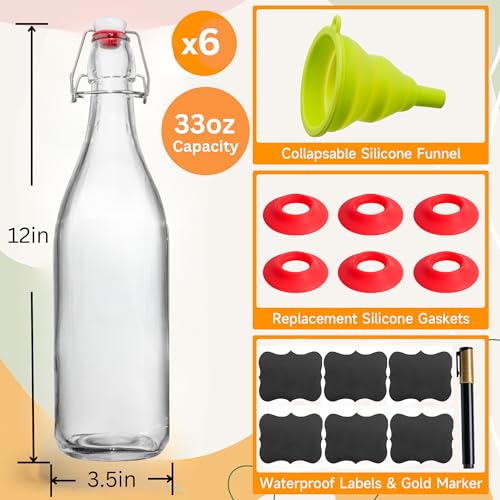 Swing Top Glass Bottles [1 Liter / 33 fl. oz.] [Pack of 6] – Flip Top Coquito Bottles for Kombucha, Fermentation, Beer, Kefir, Wine – Airtight Stopper Lids with Extra Gaskets, Funnel, Labels & More - size: 6