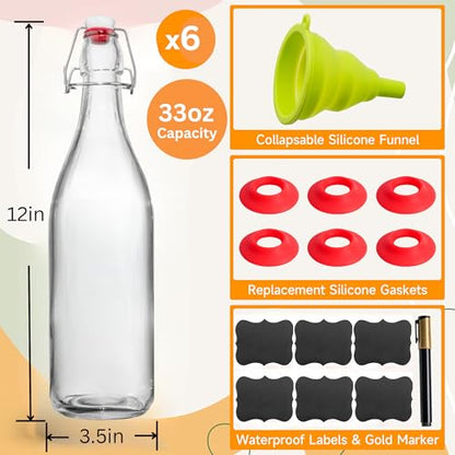 Swing Top Glass Bottles [1 Liter / 33 fl. oz.] [Pack of 6] – Flip Top Coquito Bottles for Kombucha, Fermentation, Beer, Kefir, Wine – Airtight Stopper Lids with Extra Gaskets, Funnel, Labels & More - size: 6