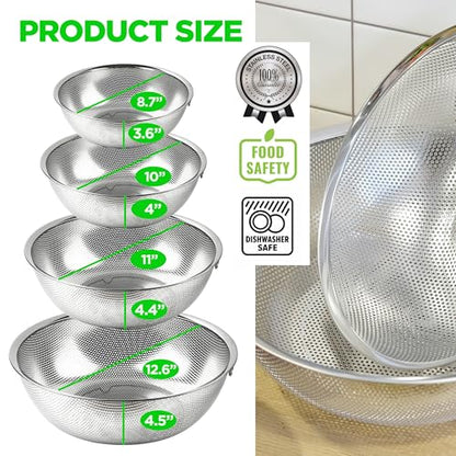 Premium 18/8 304 Stainless Steel Micro-Perforated Small and Big Colander Set of 4 with rings - 3.5-5.5-7.5-9.5 Quart Set, Self-Draining Solid Base for Pasta, Fruits, Vegetables - size: 3.5+5.5+7.5+9.5QT Colander