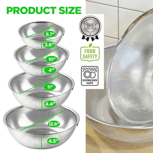 Premium 18/8 304 Stainless Steel Micro-Perforated Small and Big Colander Set of 4 with rings - 3.5-5.5-7.5-9.5 Quart Set, Self-Draining Solid Base for Pasta, Fruits, Vegetables - size: 3.5+5.5+7.5+9.5QT Colander