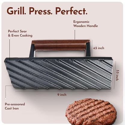 Bellemain Bacon Press Rectangle | Heavy-Duty Cast Iron Grill Press for Perfectly Seared Bacon, Steak & Sandwiches | Equalized Weight Distribution - size: Rectangle