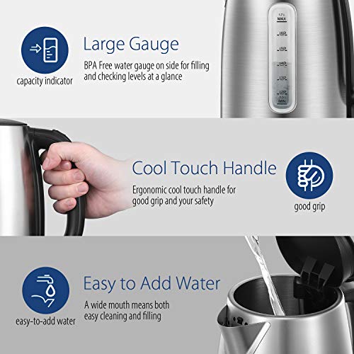 COMFEE' Stainless Steel Electric Kettle, 1.7 Liter Tea Kettle Electric & Hot Water Kettle, 1500W Fast Boil with LED Light, Auto Shut-Off and Boil-Dry Protection - color: Stainless Steel, size: 1.8 Quarts