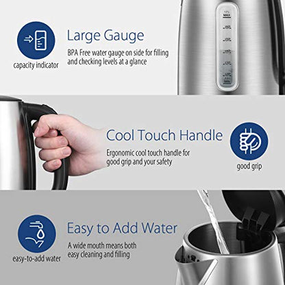 COMFEE' Stainless Steel Electric Kettle, 1.7 Liter Tea Kettle Electric & Hot Water Kettle, 1500W Fast Boil with LED Light, Auto Shut-Off and Boil-Dry Protection - color: Stainless Steel, size: 1.8 Quarts