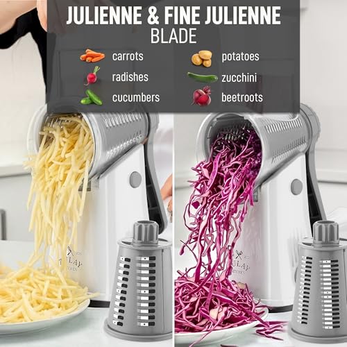 Zulay Kitchen Rotary Cheese Grater 5 Blade Cheese Shredder - Manual Hand Crank Cheese Grater With Reinforced Suction & 5 Interchangeable Drums - Easy to Use, Vegetable Chopper Round Mandoline Slicer - color: Gray and White