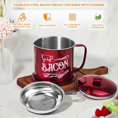 1.3L Bacon Grease Saver Container with Fine Mesh Strainer,Stainless Steel Oil Keeper Can for Bacon,46oz Large Rustic Farmhouse Fat Container, Keeper, Recipes, Dishwasher Safe (Red) - color: Red