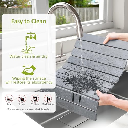 Large Stone Dish Drying Mat for Kitchen Counter, 24"(L)×16"(W), Collapsible Quick Dry Stone Dish Mats, Super Absorbent Diatomaceous Earth Drying Pad for Dishes Bottles Cups, Countertops (Light Grey) - color: Light Grey