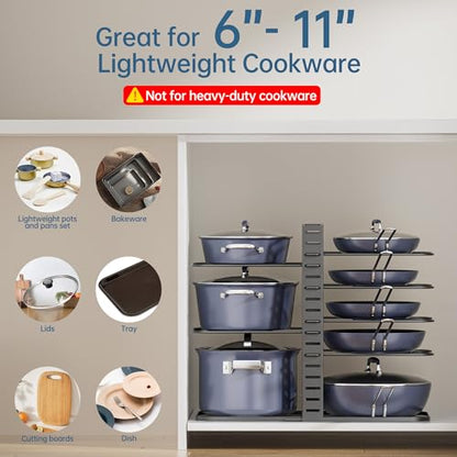 ORDORA Pots and Pans Organizer Under Cabinet 14.55" Height, Adjustable 8-Tier Pot Organizers inside Cabinet, Kitchen Organizers and Storage Fit 6-11 inch Lightweight Cookware - style: M-14.55"H-LightDuty