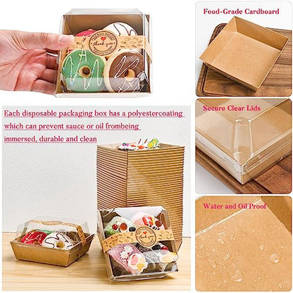 TECARATE Paper Charcuterie Boxes with Clear Lids and Stickers - 50 SETS 4 Inches Square Disposable Food Containers Bakery Boxes for Bakery, Macaron, Sandwich, Slice Cake, Cookies, Hot Cocoa Bombs - color: Brown