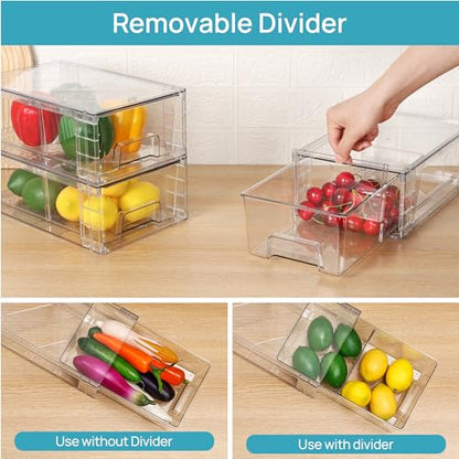 Vtopmart 2 Pack Stackable Storage Drawers,Clear Acrylic Drawer Organizers with Handles, Easily Assemble Containers for Fridge, Bathroom,Kitchen Undersink,Cabinet,Pantry Organization and Storage - size: 2Pack 4.4"H-with Dividers