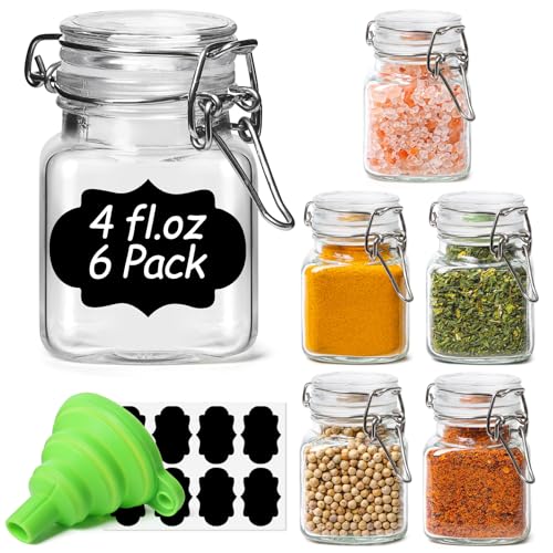 ComSaf Square Small Glass Spice Jars with Airtight Lids 4 oz 6 Pack Pantry | Honey herbs, Farmhouse pantry organization, Mini favor jars, Labels included, Funnel included, Kitchen storage, Snacks - size: 4oz*6