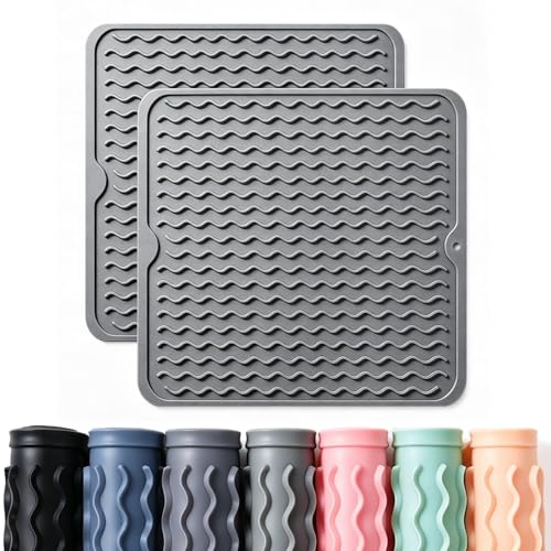 2 Pack Caketime Silicone Dish Drying Mat for Kitchen Counter Coffee Bar Accessories Heat Resistant Waterproof Dining Under Sink Organizers Utensil Holder Decor Must Haves 12"x12" Gray - color: Gray, size: 12"*12"