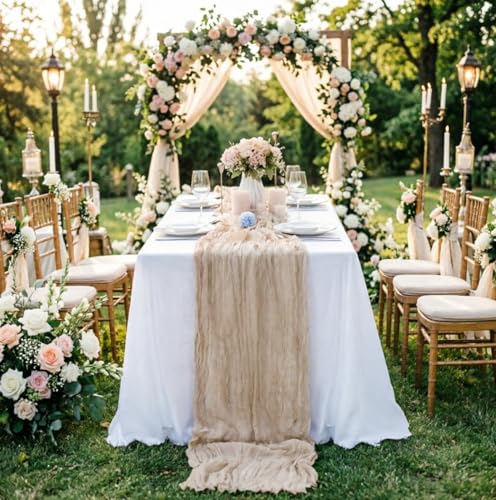 16 Pack Beige Cheesecloth Table Runner 35x120 Inch Boho Gauze Cheese Cloth Table Runners, 10 FT Long Rustic Sheer Table Runners for Wedding Bridal Baby Shower Birthday Party Table Decorations - style: Beige