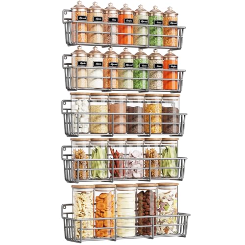 Mystozer 5 Pack Spice Rack Seasoning Organizer Wall Mount, Spice Storage Spice Rack Organizer Pantry Door Organizer Screw or Adhesive Hanging Shelf Basket Spice Organizer Shelf for Kitchen (Gray) - color: Gray, size: 5 Pack