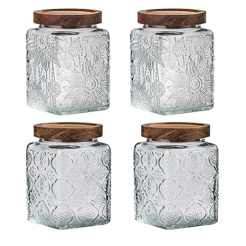 Vintage Glass Airtight Storage Jar, With Airtight Wood Lid, Kitchen Food Storage Containers,for Kitchen Counter, Pantry, Tea, Sugar, Coffee Tea Beans,Food Storage Jar (Sunflower*2+plum*2) - color: Sunflower*2+plum*2
