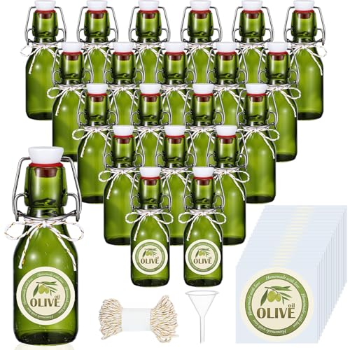 Queekay 20 Pack Mini Swing Top Glass Bottles for Vanilla Extract Homemade Olive Oil Bottles with Lids Airtight Cap Lids Labels for Wedding Baby Shower Favors(4 oz,Olive Green) - color: Olive Green, size: 4 oz