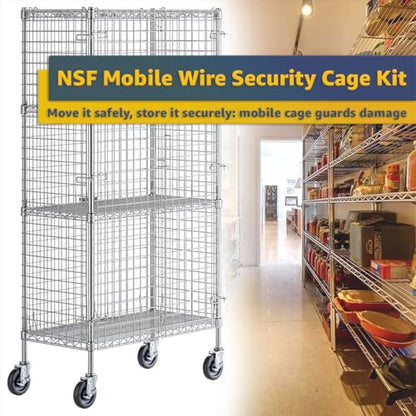18" x 36" x 69" NSF Heavy Duty Mobile Chrome Wire Shelves with Security Cage Kit, 4 Tier Metal Commercial Storage Rack with Wheels - color: Grey, size: 18" x 36" x 69" with Wheels