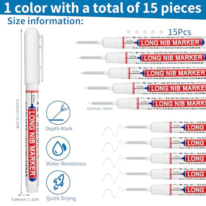 15 PCS Long Head Deep Hole Marker Pens,20mm Long Nib Marker,Longs Nose Markers,Waterproof Construction Markers Marking Tool,Permanent Markers Carpenter Ink marker Pens,Metal marking Pens,White - color: 15PCS-20MM White