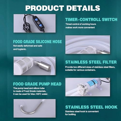 Electric Food Grade Auto Siphon Self Priming Pump for Bottling Home brew Wine,Beer and Kombucha,Water Transfer Pump 100-240V With Timer Control for Ice Maker Coffee Machine Water Cooling,2L/Min