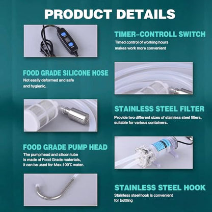 Electric Food Grade Auto Siphon Self Priming Pump for Bottling Home brew Wine,Beer and Kombucha,Water Transfer Pump 100-240V With Timer Control for Ice Maker Coffee Machine Water Cooling,2L/Min