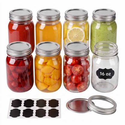 Mason Jars with Airtight Lids,16oz Wide Mouth Food Grade Glass Canning Jars,Food Storage Leak-Proof, Dishwasher Safe, Perfect Fermenting, Pickling, Overnight Oats,Snacks, Candies, DIY Projects (8PACK) - size: 16oz*8PCS