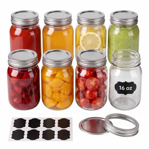 Mason Jars with Airtight Lids,16oz Wide Mouth Food Grade Glass Canning Jars,Food Storage Leak-Proof, Dishwasher Safe, Perfect Fermenting, Pickling, Overnight Oats,Snacks, Candies, DIY Projects (8PACK) - size: 16oz*8PCS