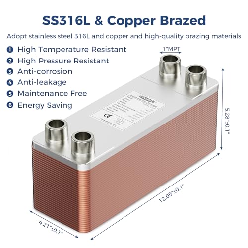 ALORAIR 4"x12" 40 Plates Heat Exchanger with 1" MPT Port,316L Stainless Steel Water to Water Brazed Plate Heat Exchanger for Floor Heating, Water Heating, Commercial and Industrial Refrigeration - size: WHE4X12-40P