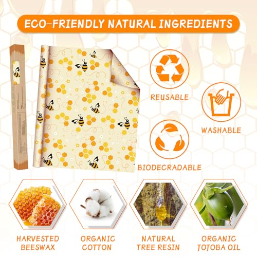 Beeswax Wraps for Food Roll(13x39inch), Organic Beeswax Wrap Beeswax Food Wraps Reusable Food Wrap Sustainable Beeswax Paper Beeswax Sandwich Wrap Beeswax Storage Cloth (Bees) - color: Yellow