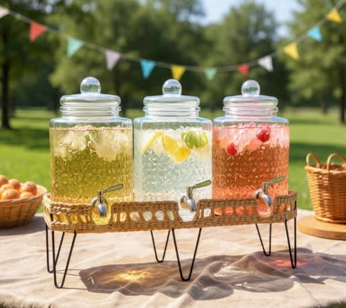 1.5 Gallon Glass Drink Dispenser for Parties 3 PACK Beverage Dispensers with Stand, Glass Water Jug Dispenser, with 18/8 Stainless Steel Spigot, Great for Party, Wedding, Picnic, BBQ Wicker Design - color: 1.5 Gallon Clear 3 Pack