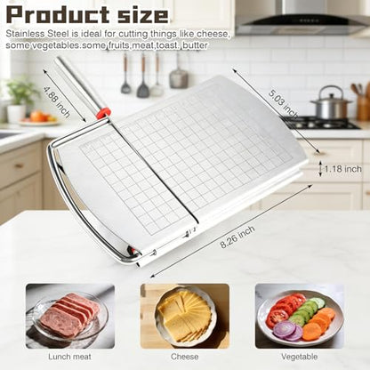 Stainless steel cheese slicer, metal cheese knife, and cutting board with measurements—perfect for slicing block cheese