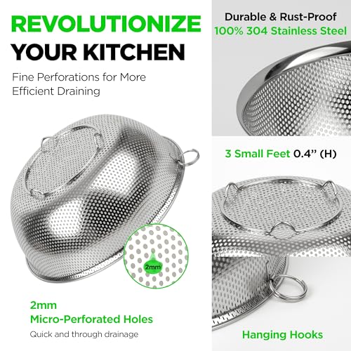Premium 18/8 304 Stainless Steel Micro-Perforated Small and Big Colander Set of 4 with rings - 3.5-5.5-7.5-9.5 Quart Set, Self-Draining Solid Base for Pasta, Fruits, Vegetables - size: 3.5+5.5+7.5+9.5QT Colander