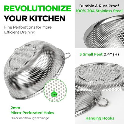Premium 18/8 304 Stainless Steel Micro-Perforated Small and Big Colander Set of 4 with rings - 3.5-5.5-7.5-9.5 Quart Set, Self-Draining Solid Base for Pasta, Fruits, Vegetables - size: 3.5+5.5+7.5+9.5QT Colander