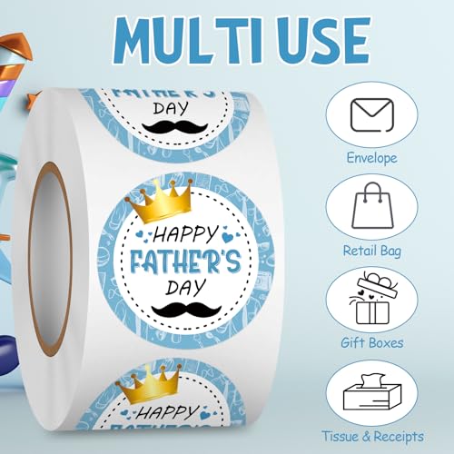 Louise Maelys 500PCS Father’s Day Stickers 1.5inch Round Happy Father's Day Labels with Gold Crown Mustache Design for Gift Wrapping, Cards, Envelopes - color: Happy Father Day