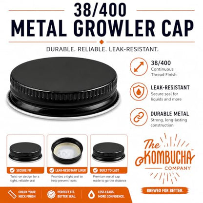 Metal Growler Caps For 1-Gallon & 1/2-Gal Sized Glass Growler Jugs - 1.5" (38mm) Dia, Made in USA - Beer/Kombucha/Homebrew Bottle - Food Grade Lid w/Continuous Thread & Plastisol Liner (3, Black) - color: Black