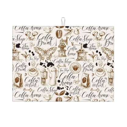 Coffee House Butterfly Dish Drying Mat for Kitchen Counter 18 x 24 inch Classic Cafe Dish Drainer Rack Mats with Hanging Loop Coffee Break Print Dishes Drainer Pads Cafe Theme Drying Pad - color: white brown