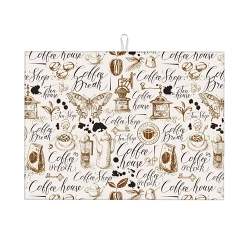 Coffee House Butterfly Dish Drying Mat for Kitchen Counter 18 x 24 inch Classic Cafe Dish Drainer Rack Mats with Hanging Loop Coffee Break Print Dishes Drainer Pads Cafe Theme Drying Pad - color: white brown
