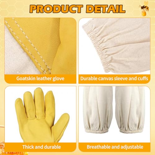 4-Pack Beekeeping Gloves & Hat Set - 2 Pack Beekeeping Veil Bee Keeper Hats and 2 Pack Thick Goatskin Leather Bee Gloves with Ventilated Sleeves, Outdoor Professional Beekeeping Protective Gear