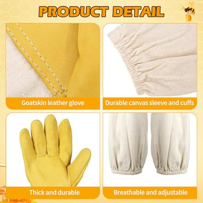 4-Pack Beekeeping Gloves & Hat Set - 2 Pack Beekeeping Veil Bee Keeper Hats and 2 Pack Thick Goatskin Leather Bee Gloves with Ventilated Sleeves, Outdoor Professional Beekeeping Protective Gear