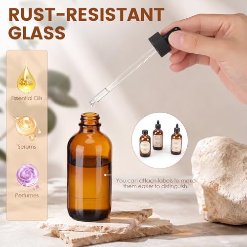 Hushee 6 Pack 4 oz Amber Glass Dropper Bottles for Essential Oils with Measured Eye Dropper, 6 Black Caps, 1 Funnel for Personal Care, Tincture Bottles Leakproof Travel Bottle Lab Chemicals Perfumes
