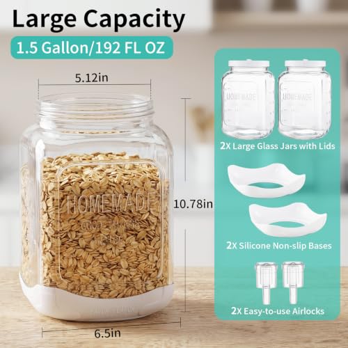 FavorFlavor 2P Glass Fermentation Jar: 1.5 Gallon Container w/Airlock Lid | 5.12in Wide Mouth Mason Jar-Non slip Base-Scale Mark-Glass Container for Sauerkraut/Sourdough Starter/Kombucha/Mead Making